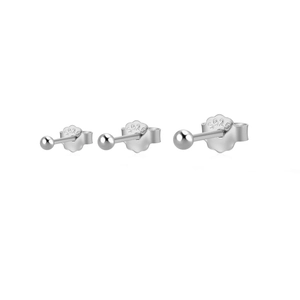 Detail shot of three pairs of S925 sterling silver ball studs with visible hallmark