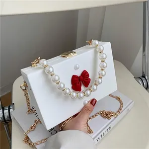 Women PU Artificial Pearl Handle Evening Box Bag Bow Decoration Metal Chain Strap Elegant Shoulder Handbag