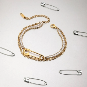 Double-layer 18K gold-plated stainless steel paperclip chain bracelet with zircon stones