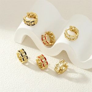 Detail of 18K gold Cuban chain earrings with colorful enamel and zircon stones