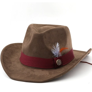 Western Cowboy Hat Faux Suede Wide Brim With Feather Metal Badge Vintage Bohemian Style For Men Women Outdoor Sun Protection