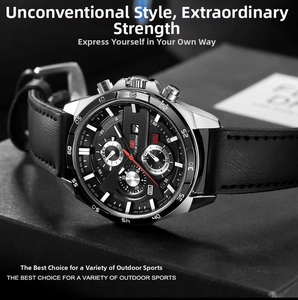 Close-up of black leather strap quartz watch with chronograph dial and calendar detail