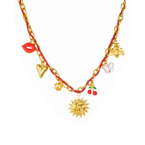 Fashionable gold chain and red cord necklace with enamel sun, cherry and heart charms