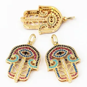 Gold plated Hamsa Hand charms with colorful zircon micro-pave and Evil Eye detail