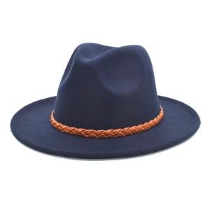 Navy blue wool fedora hat with brown braided leather band for men and women