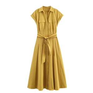 Robe Chemise Midi En Popeline Manches Courtes Col À Revers Poches Poitrine Ceinture À Nouer Élégante Pour Femmes