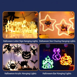 Set of 4 Happy Halloween LED window lights featuring castle, bat, pumpkin and neon signs