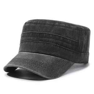 Vintage dark grey washed cotton flat top army cap with decorative stitching for men