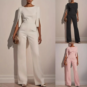 Tuta Donna Elegante Künstliche Perle Ricamate Manica Con Spacco Gamba Larga Slim Fit Formale Ufficio Sera Poliestere