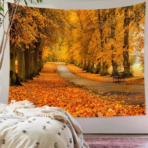Detail of autumn forest landscape tapestry featuring golden trees and woodland path décor