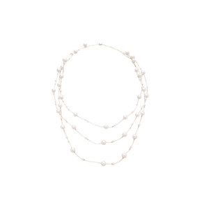 Three-layer layered pearl necklace with white round pearls and fine gold-tone chain