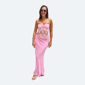 Close-up of pink bodycon dress featuring floral lace hollow out bodice and silky long skirt