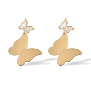 Minimalist 18K gold butterfly earrings with white shell inlay and brushed metal finish