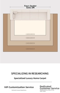 Rug size comparison chart for living room with 3M sofa reference and dimensions