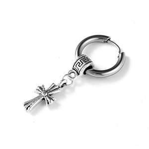 Vintage silver mens cross drop earring with Greek pattern bead and polished hoop