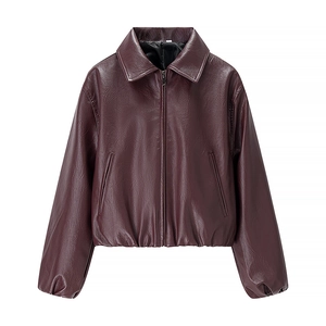 Women street fashion burgundy PU leather jacket with lapel collar and zipper closure