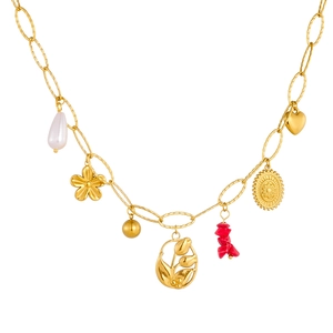 Goldene Edelstahlkette mit Perlen, rotem Stein und hohlen Tulpen-Herzanhängern