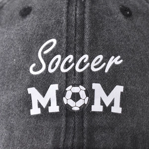 Distressed charcoal denim baseball cap featuring Soccer MOM print with soccer ball pattern