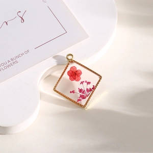 30mm square resin dried flower pendant with gold metal frame for DIY jewelry