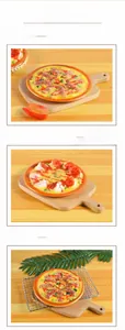 Close-up of artificial sausage and shrimp pizza models on a wooden board for display