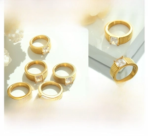 Macro detail of 18K gold plated ribbed ring featuring a square-cut zircon stone inlay