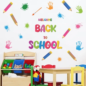 Colorful Welcome Back to School wall decals with crayons for kids room decor