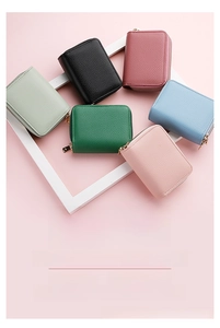 Detailed view of multi-color lychee pattern PU leather card holders with double zippers