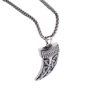 Viking style silver Celtic knot tusk pendant necklace on a polished steel chain