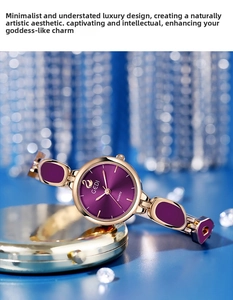 Detailed shot of purple sunray dial quartz watch with rose gold metal bracelet