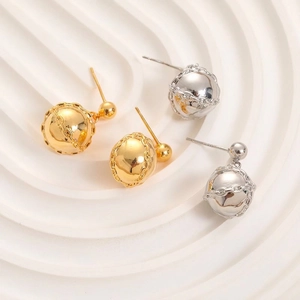Chic Copper Ball Stud Earrings With 925 Sterling Silver Earring Post Gold Silver Plated Chain Wrap Spherical Jewelry For Women