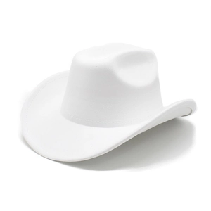 Detailed view of white western cowboy hat with a wide brim and textured felt finish
