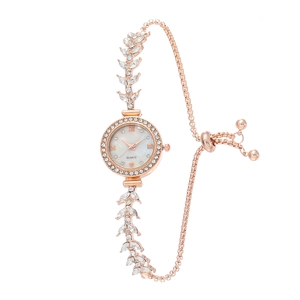 Women Bracelet Watch Rhinestone Inlaid Leaf Shape Mother Of Artificial Pearl Dial Quartz Elegant Fashion Wristwatch For Ladies