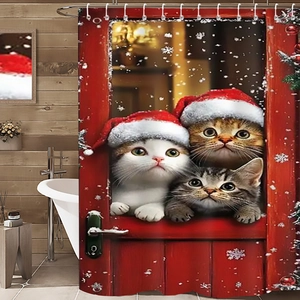 Détail du rideau de douche de Noël avec trois chats festifs sur polyester imperméable