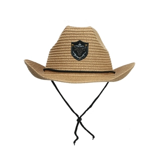 Western straw cowboy hat with bull head emblem, adjustable strap, and curved brim