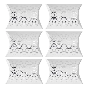 Set of 6 white pillow gift boxes featuring elegant laser-cut hollow lace patterns