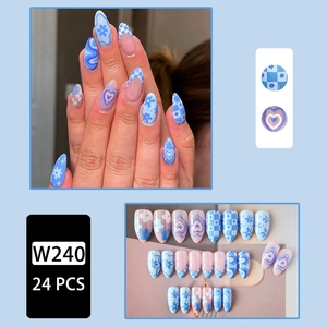 24pcs light blue almond press-on nails with heart, checkered, and floral patterns