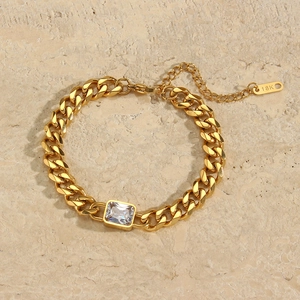 18K gold plated stainless steel Cuban chain bracelet with a square zircon center stone
