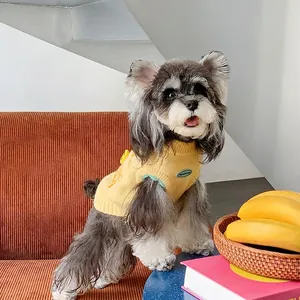 Knitted yellow dog sweater vest with ribbed trim and logo for small medium dogs