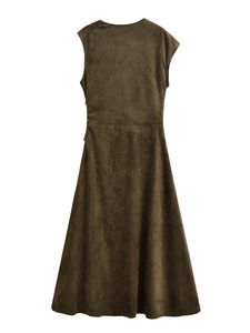 Detailed texture of dark olive green faux suede fabric on a sleeveless midi dress