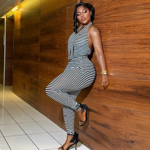 Striped sleeveless halter neck jumpsuit for women with slim fit and cowl neck design
