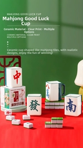 Detail of creative ceramic mahjong mug with high-gloss glaze and comfortable handle