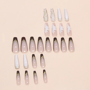 24pcs Long Coffin Press-on Nails with White Gold Leaf and French Marble Designs