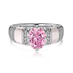 S925 sterling silver ring with oval pink ice cut gemstone and pavé zircon details