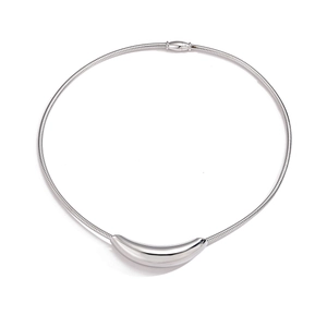 Minimalist silver titanium steel collar with a polished curved bean pendant on snake chain