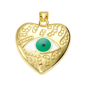 Detailed close-up of a heart-shaped evil eye pendant with polished gold finish and zircon stones