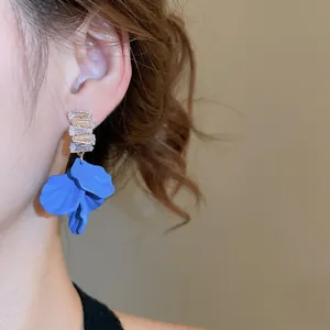 Blue acrylic petal tassel earrings with zircons and silver needle for elegant women