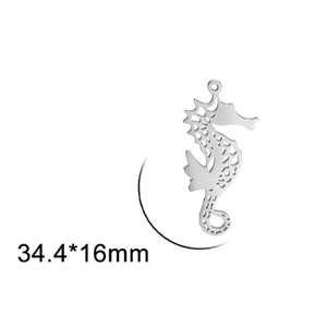 Detailed view of hollow seahorse pendant with dimensions 34.4x16mm in polished steel