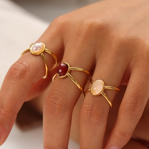 Oval Natural Stone Open Ring 18K Gold Plated Stainless Steel Waterproof Hypoallergenic Retro Vintage For Women Jewelry