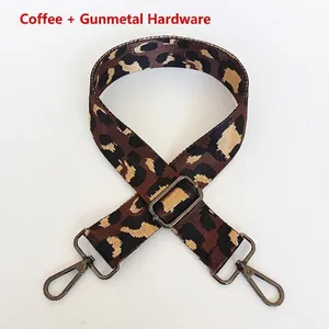 Detail of coffee leopard print thick nylon strap with gunmetal swivel hooks and buckle