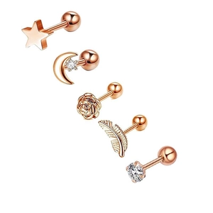 Detailed set of 5 rose gold stainless steel earrings featuring star, moon and feather designs